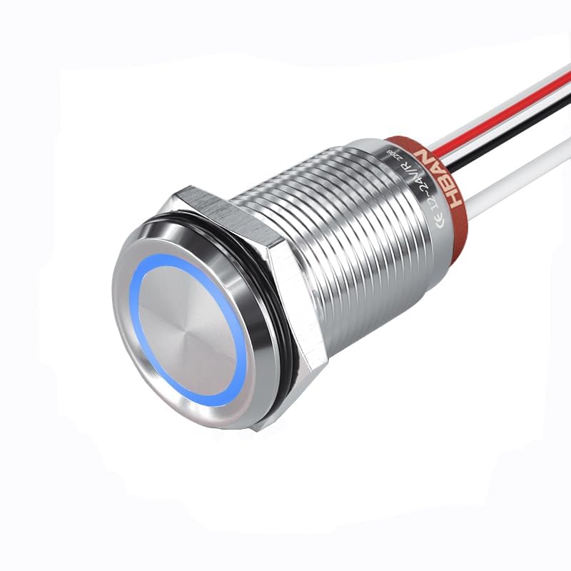3 Stück 16mm Momentary Schalter, 1NO1NC, Edelstahl, blaue LED, 24V