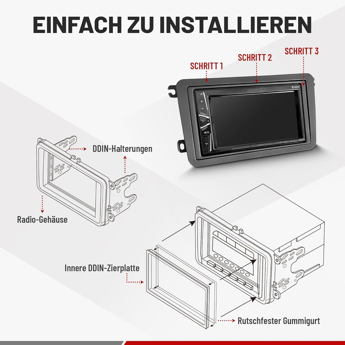M.I.C. VW-007 Doppel-DIN Autoradio Einbaurahmen, Schwarz, mit Montagezubehör, Blende für Fahrzeug-Stereoanlage S…