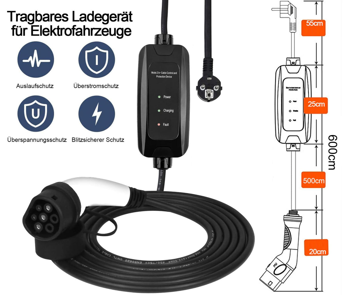 M.I.C. Tragbares EV Ladegerät: Typ 2 Schuko 3,68kW 1-phasig 6m 16A passt für Elektroautos mit IEC62196-2 Stecker…
