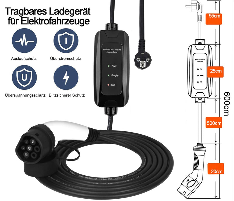 M.I.C. Tragbares EV Ladegerät: Typ 2 Schuko 3,68kW 1-phasig 6m 16A passt für Elektroautos mit IEC62196-2 Stecker…