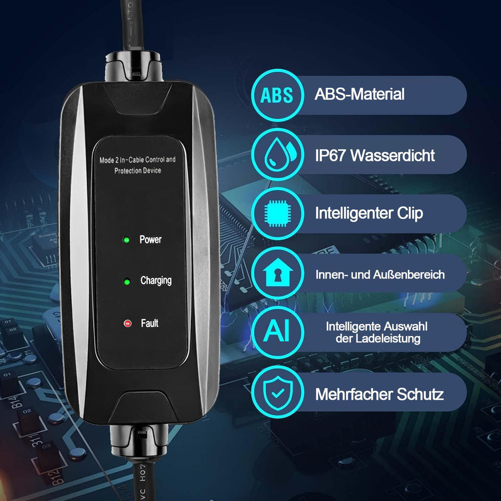 M.I.C. Tragbares EV Ladegerät: Typ 2 Schuko 3,68kW 1-phasig 6m 16A passt für Elektroautos mit IEC62196-2 Stecker…