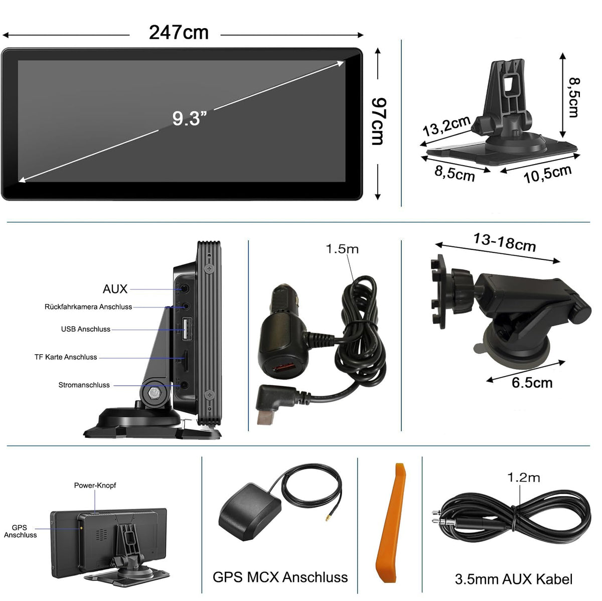 M.I.C. Smart Screen Android 12 Tragbares Autoradio mit RK3566 2G+32G: 9.3" HD Touchscreen Wireless Apple Carplay…