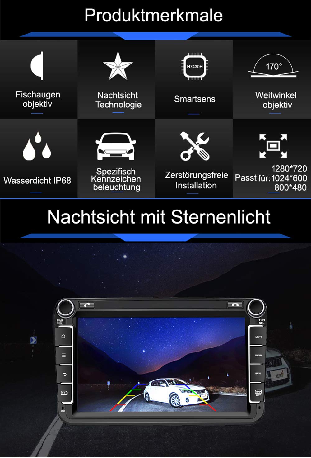 M.I.C.-8016:Rückfahrkamera Kennzeichenbeleuchtung Wasserdicht Einparkhilfe