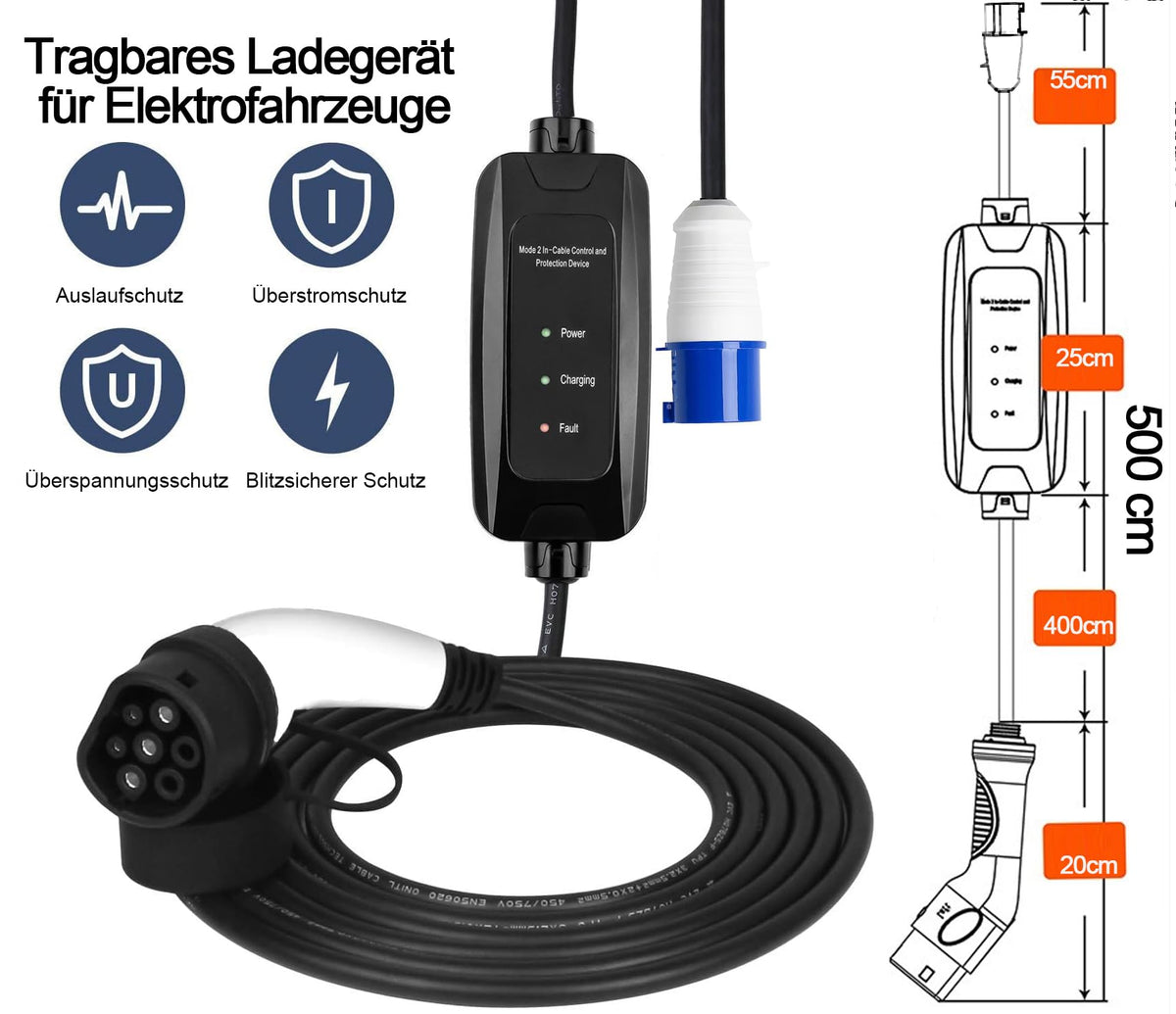 M.I.C. Tragbares EV Ladegerät: Typ 2 CEE Stecker 7kW 1-phasig 5m 32A passt für Elektroautos mit IEC62196-2 Steck…