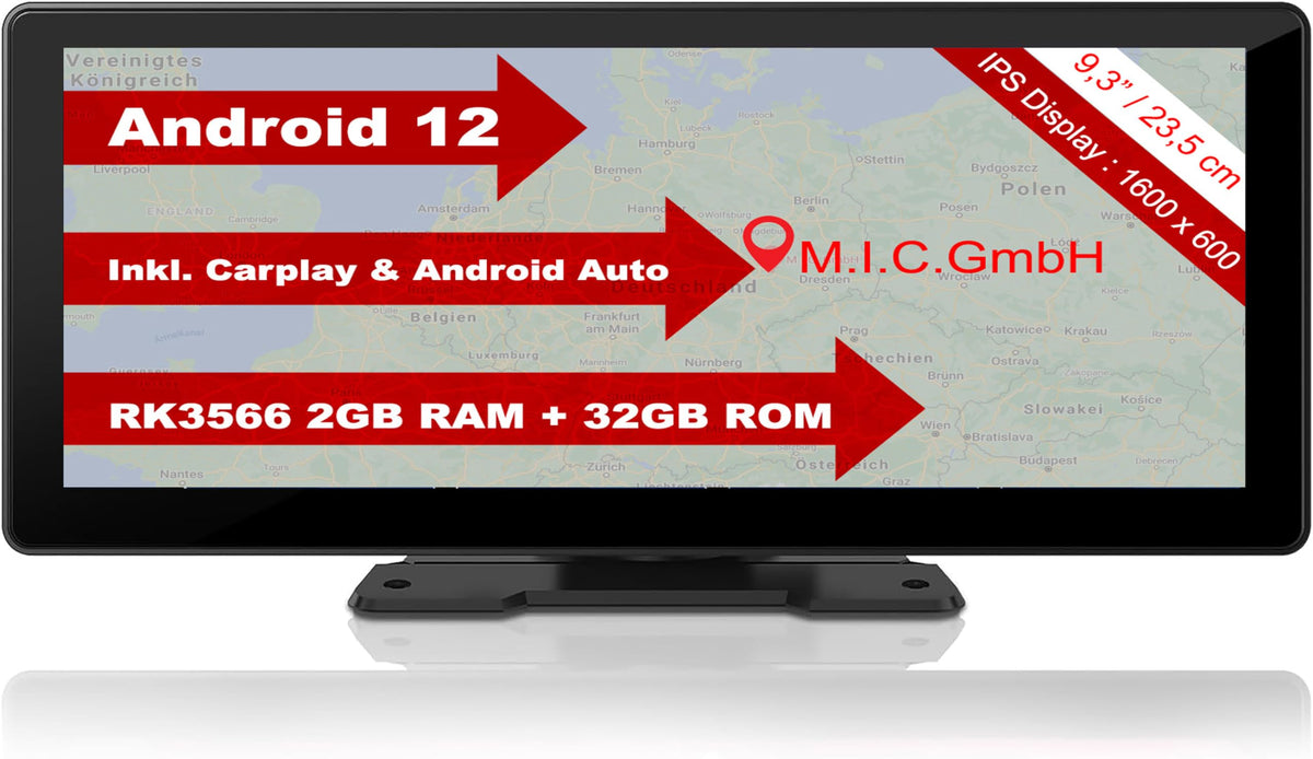 M.I.C. Smart Screen Android 12 Tragbares Autoradio mit RK3566 2G+32G: 9.3" HD Touchscreen Wireless Apple Carplay…