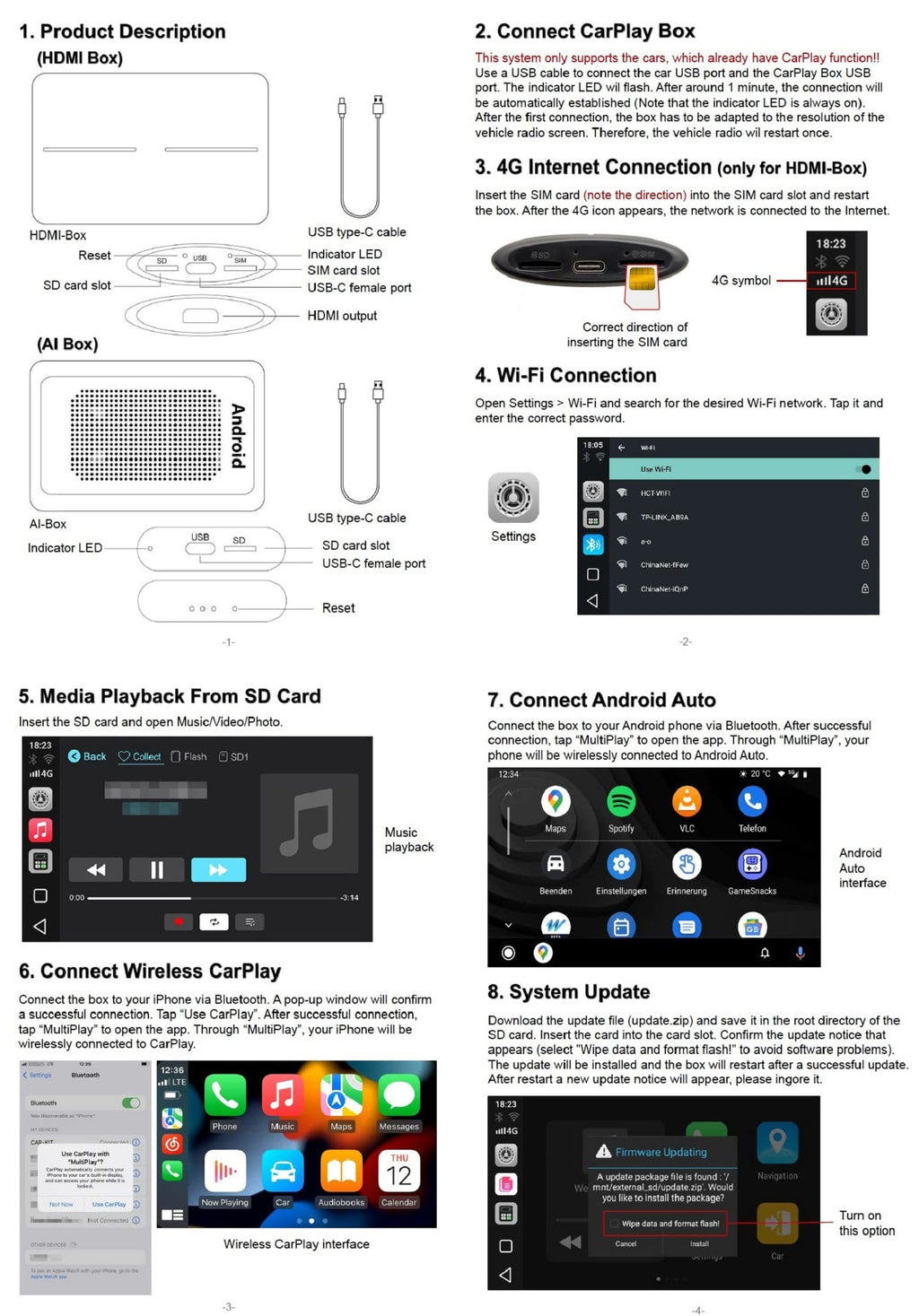 M.I.C. Carplay HDMI Box: Android 12 Qualcomm 665 4GB+64GB Eingebaut GPS Unterstützt: HDMI 4G SIM Wireless Carpla…